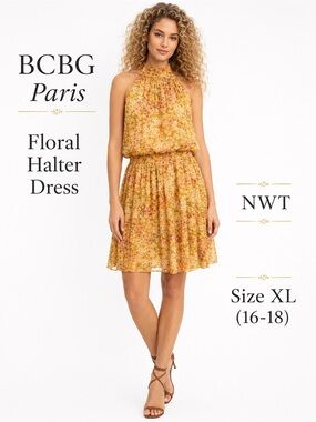 BCBG Paris Yellow Floral Halter Mini Dress XL 16 - 18 elastic waistband NWT